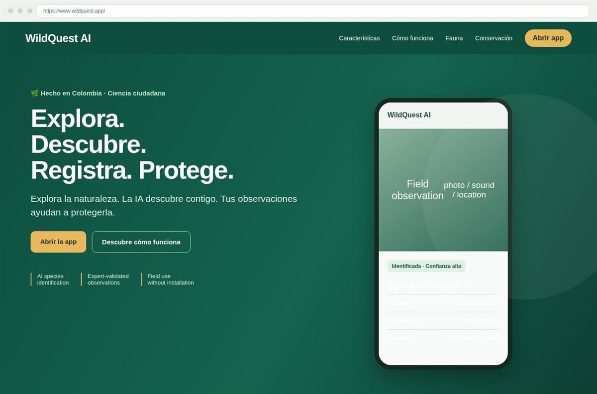 Figura 2: interfaz pública de WildQuest como punto de entrada campo-conservación