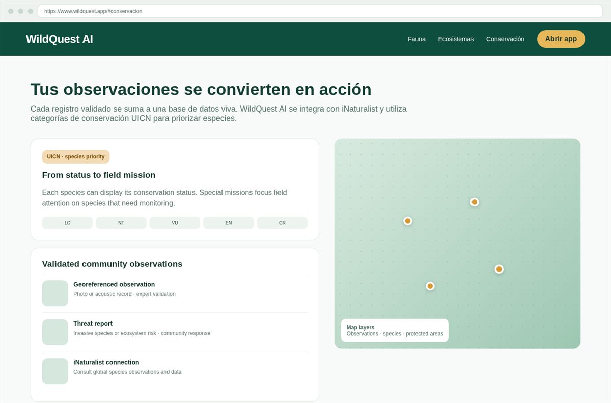 Figura 6: funciones de conservación — estado UICN, especies prioritarias, registros validados y capas de mapa